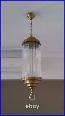 Vintage Art Deco Brass & Glass Rod Hanging Ceiling Fixture Chandelier Light Lamp