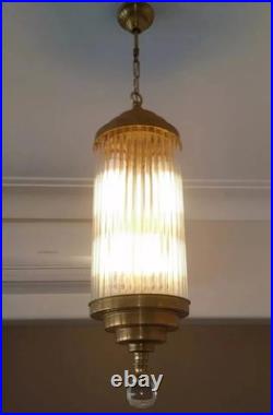 Vintage Art Deco Brass & Glass Rod Hanging Ceiling Fixture Chandelier Light Lamp