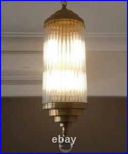 Vintage Art Deco Brass & Glass Rod Hanging Ceiling Fixture Chandelier Light Lamp