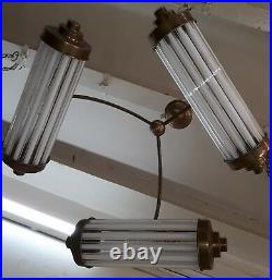 Vintage Art Deco Brass & Milk Glass Rod Ceiling Fixture Chandelier Light Lamp