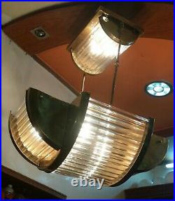 Vintage Art Deco Brass Nickel Glass Rod Ship Ceiling Light Chandelier Lamp