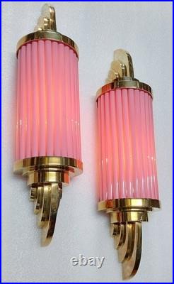 Vintage Art Deco Brass Pink Ribbed Glass Wall Sconce Antique Deco Light Lamp