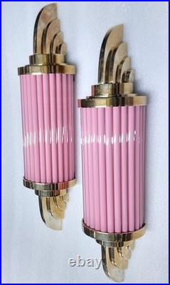 Vintage Art Deco Brass Pink Ribbed Glass Wall Sconce Antique Deco Light Lamp