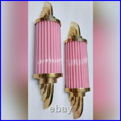 Vintage Art Deco Brass Pink Ribbed Glass Wall Sconce Antique Deco Light Lamp