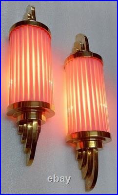 Vintage Art Deco Brass Pink Ribbed Glass Wall Sconce Antique Deco Light Lamp