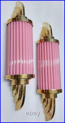 Vintage Art Deco Brass Pink Ribbed Glass Wall Sconce Antique Deco Light Lamp