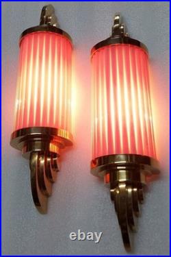 Vintage Art Deco Brass Pink Ribbed Glass Wall Sconce Antique Deco Light Lamp