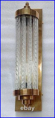 Vintage Art Deco Brass & Ribbed Glass Rod Light Fixture Wall Sconces Lamp 1 p