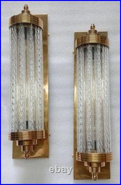 Vintage Art Deco Brass & Ribbed Glass Rod Light Fixture Wall Sconces Lamp 1 p