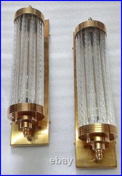 Vintage Art Deco Brass & Ribbed Glass Rod Light Fixture Wall Sconces Lamp 1 p