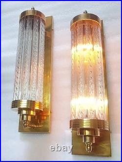 Vintage Art Deco Brass & Ribbed Glass Rod Light Fixture Wall Sconces Lamp 1 p