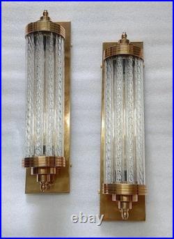 Vintage Art Deco Brass & Ribbed Glass Rod Light Fixture Wall Sconces Lamp 1 p