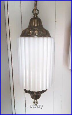 Vintage Art Deco Brass White Ceramic Skyscraper Column Hanging Ceiling Lamp