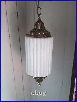 Vintage Art Deco Brass White Ceramic Skyscraper Column Hanging Ceiling Lamp