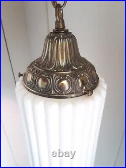 Vintage Art Deco Brass White Ceramic Skyscraper Column Hanging Ceiling Lamp