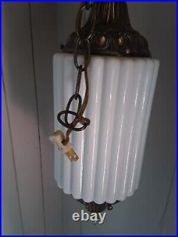 Vintage Art Deco Brass White Ceramic Skyscraper Column Hanging Ceiling Lamp