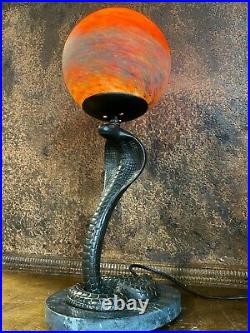 Vintage Art Deco Bronze COBRA Snake Desk Table Lamp Orig Art Glass Shade shelby