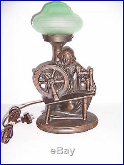 Vintage Art Deco Bronze Figural Table Lamp Of Lady With Spinning Wheel