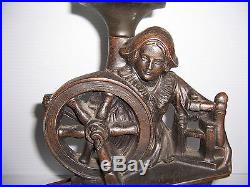 Vintage Art Deco Bronze Figural Table Lamp Of Lady With Spinning Wheel