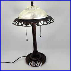 Vintage Art Deco Bronze Floral Frosted Glass 2 Lights Home Decor Lamp 20 Tall