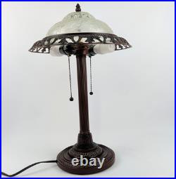 Vintage Art Deco Bronze Floral Frosted Glass 2 Lights Home Decor Lamp 20 Tall