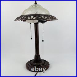 Vintage Art Deco Bronze Floral Frosted Glass 2 Lights Home Decor Lamp 20 Tall