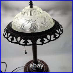 Vintage Art Deco Bronze Floral Frosted Glass 2 Lights Home Decor Lamp 20 Tall