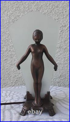 Vintage Art Deco Bronze Nude Lady Lamp Woman Frosted Glass Shade Flapper Leviton