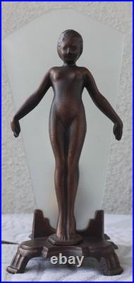 Vintage Art Deco Bronze Nude Lady Lamp Woman Frosted Glass Shade Flapper Leviton
