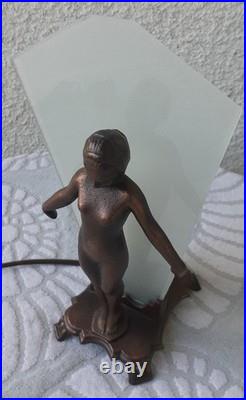 Vintage Art Deco Bronze Nude Lady Lamp Woman Frosted Glass Shade Flapper Leviton