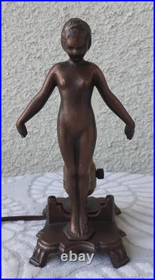 Vintage Art Deco Bronze Nude Lady Lamp Woman Frosted Glass Shade Flapper Leviton