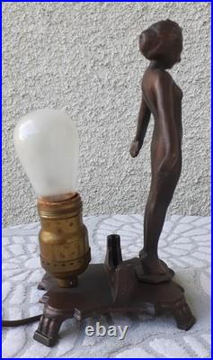 Vintage Art Deco Bronze Nude Lady Lamp Woman Frosted Glass Shade Flapper Leviton