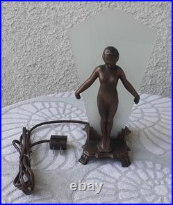 Vintage Art Deco Bronze Nude Lady Lamp Woman Frosted Glass Shade Flapper Leviton