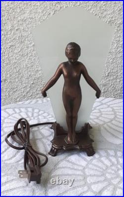Vintage Art Deco Bronze Nude Lady Lamp Woman Frosted Glass Shade Flapper Leviton