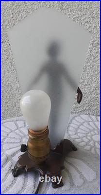 Vintage Art Deco Bronze Nude Lady Lamp Woman Frosted Glass Shade Flapper Leviton