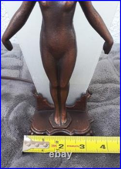 Vintage Art Deco Bronze Nude Lady Lamp Woman Frosted Glass Shade Flapper Leviton