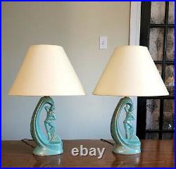 Vintage Art Deco Ceramic Pierrot / Pierrette Lamps In Green And Gold Speckles