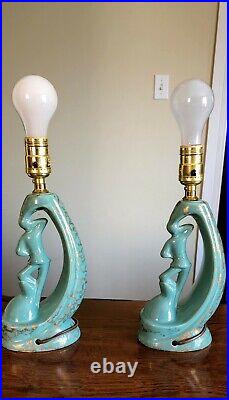 Vintage Art Deco Ceramic Pierrot / Pierrette Lamps In Green And Gold Speckles