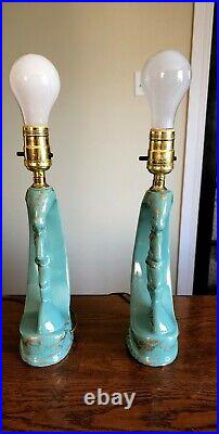 Vintage Art Deco Ceramic Pierrot / Pierrette Lamps In Green And Gold Speckles