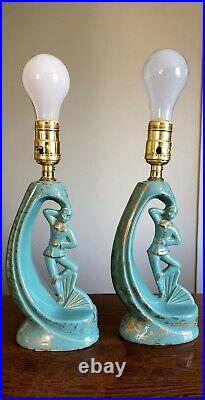 Vintage Art Deco Ceramic Pierrot / Pierrette Lamps In Green And Gold Speckles