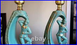 Vintage Art Deco Ceramic Pierrot / Pierrette Lamps In Green And Gold Speckles