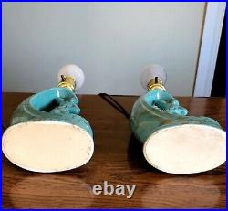 Vintage Art Deco Ceramic Pierrot / Pierrette Lamps In Green And Gold Speckles