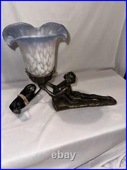 Vintage Art Deco Chandler Laying Lady Lamp Figural glass shade Art Nouveau