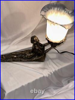 Vintage Art Deco Chandler Laying Lady Lamp Figural glass shade Art Nouveau