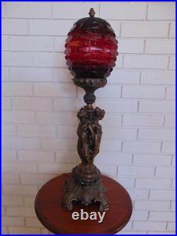 Vintage Art Deco Cherub Nude Ladies Electric Table Lamp Red Shade