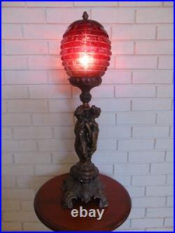 Vintage Art Deco Cherub Nude Ladies Electric Table Lamp Red Shade