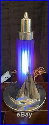 Vintage Art Deco Chrome Sailboat And Cobalt Blue Glass Accent Lamp Light
