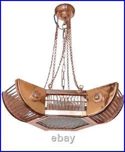 Vintage Art Deco Copper Hanging Ship Glass Rod Ceiling 6 Light Chandelier Lamp
