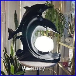 Vintage Art Deco Dolphin Moon Table Lamp Black & White 16.5Height Rare