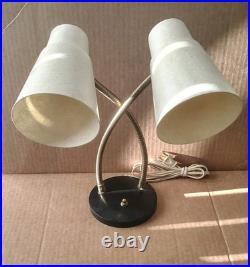 Vintage Art Deco Double Gooseneck Table Desk Wall Lamp Fiberglass Shades MCM